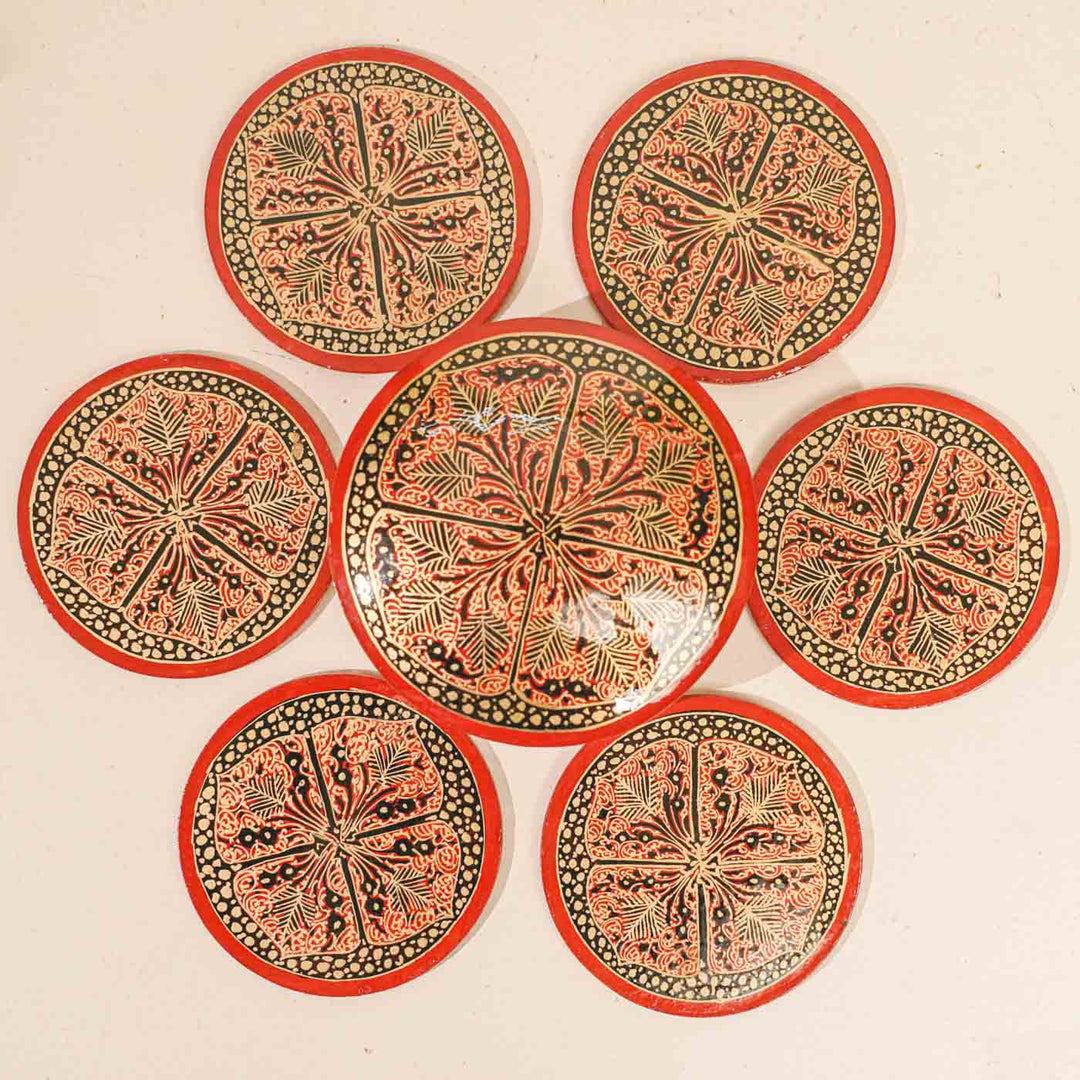 Hand-painted Red & Gold Paper Mache Coaster Set | Includes 6 Coasters, 1 Box