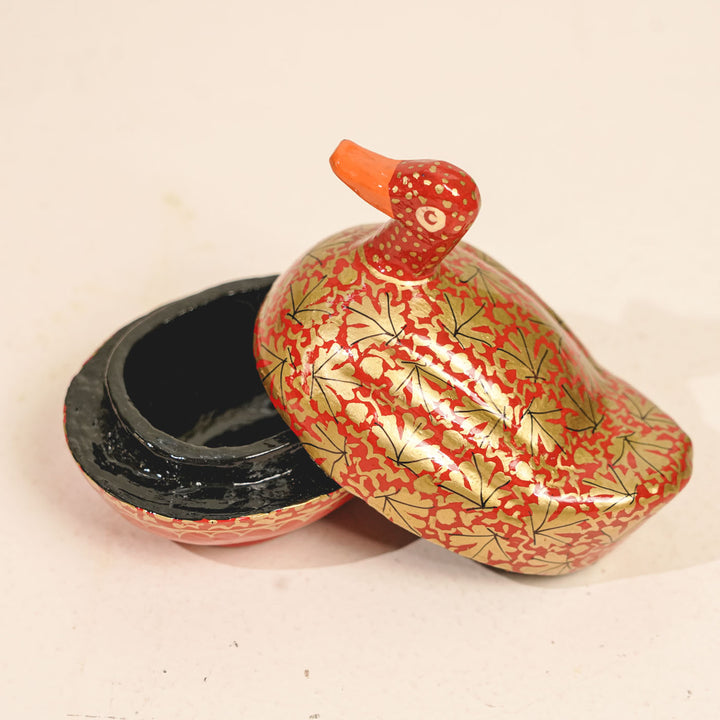 Hand-Painted Red & Gold Kashmiri Paper Mache Duck Trinket Box