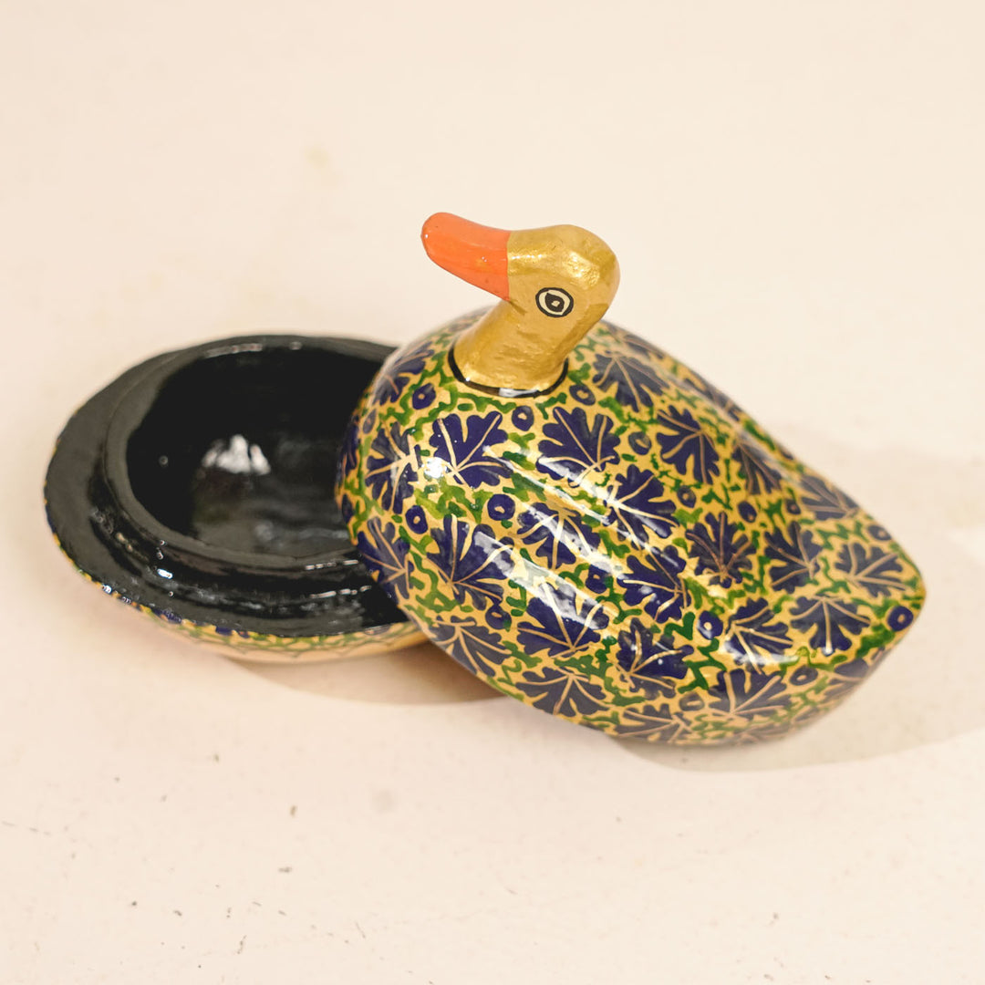 Hand-Painted Blue & Gold Kashmiri Paper Mache Duck Trinket Box