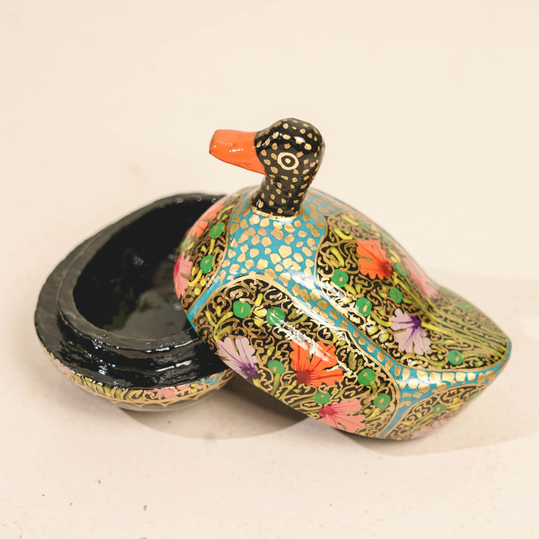 Hand-Painted Multicolor Kashmiri Paper Mache Duck Trinket Box
