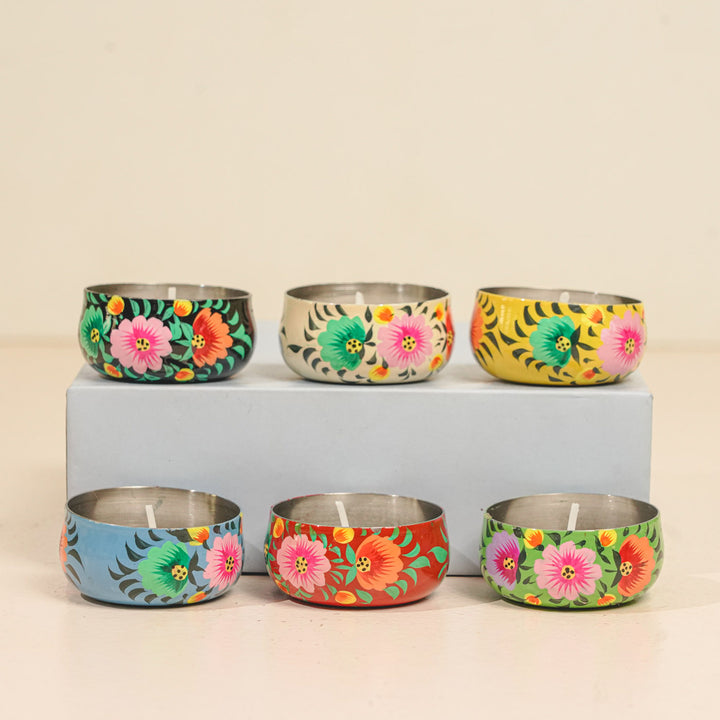 Hand-Painted Multicolor Floral Stainless Steel Tealight Holders | Set Of 6