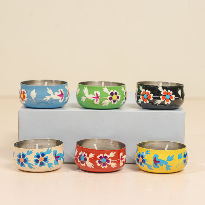 Hand-Painted Floral Stainless Steel Tealight Holders | Set Of 6