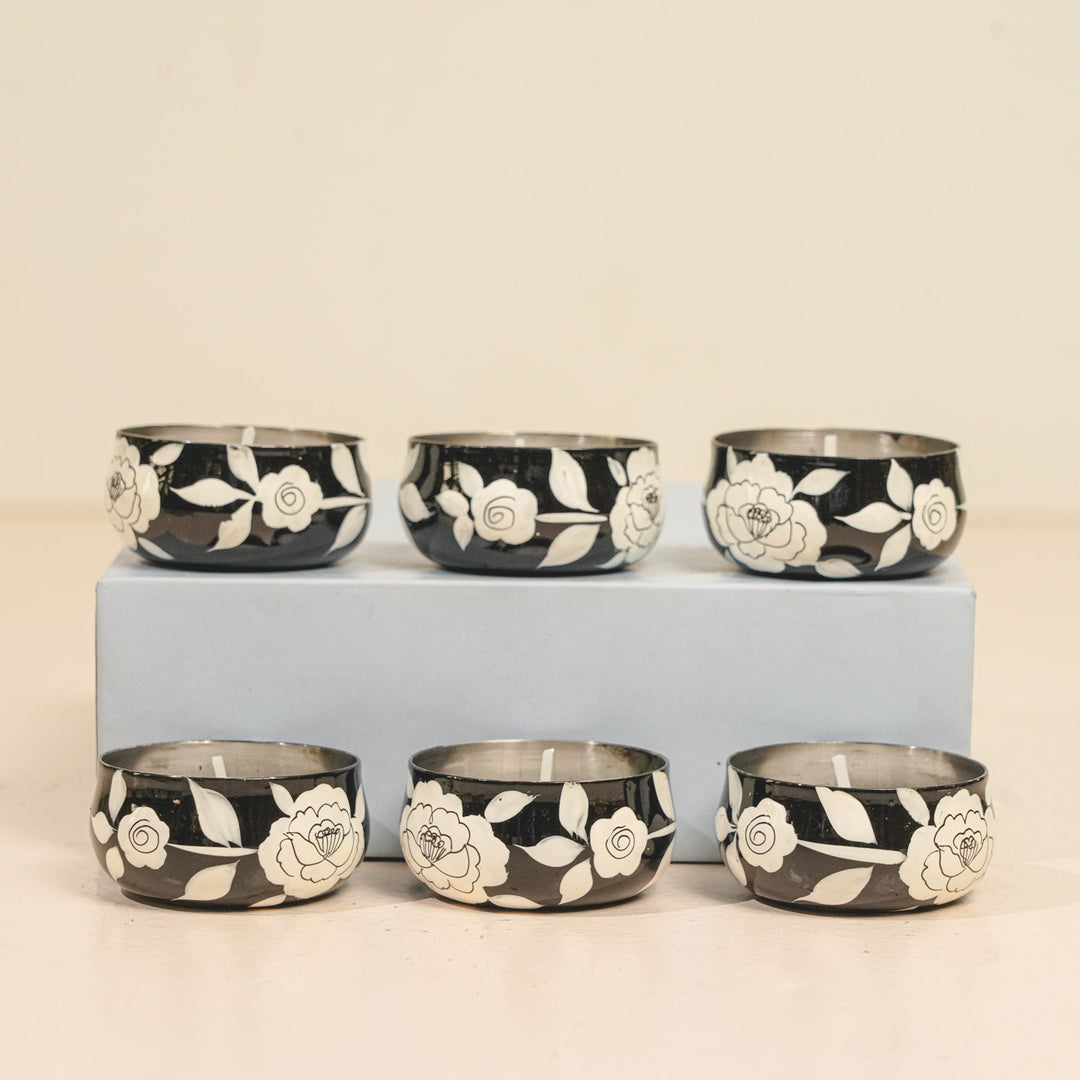 Hand-Painted Black Floral Stainless Steel Tealight Holders | Set Of 6