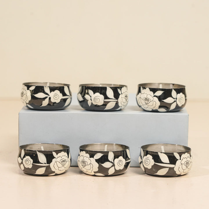 Hand-Painted Black Floral Stainless Steel Tealight Holders | Set Of 6