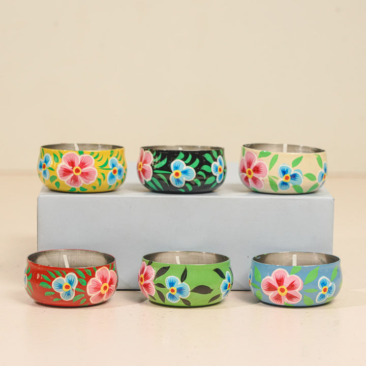 Hand-Painted Flowers & Leaves Stainless Steel Tealight Holders | Set Of 6
