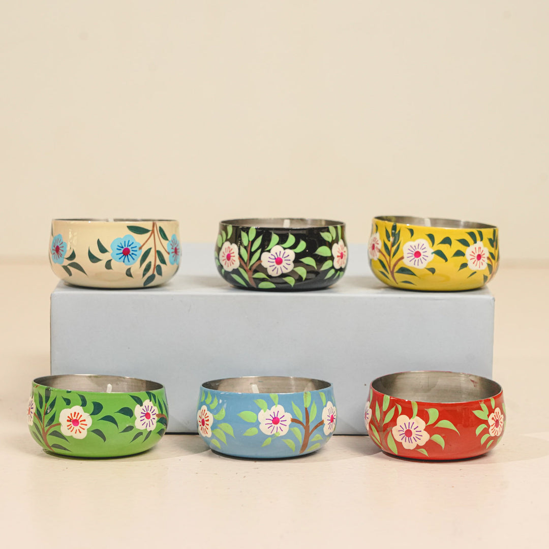 Hand-Painted Floral Stainless Steel Tealight Holders | Set Of 6