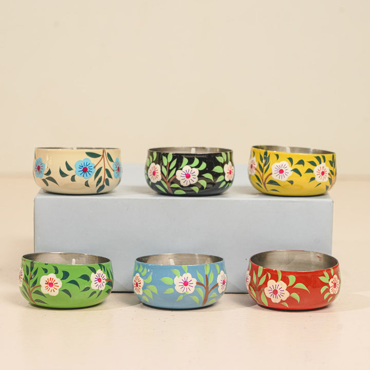 Hand-Painted Floral Stainless Steel Tealight Holders | Set Of 6