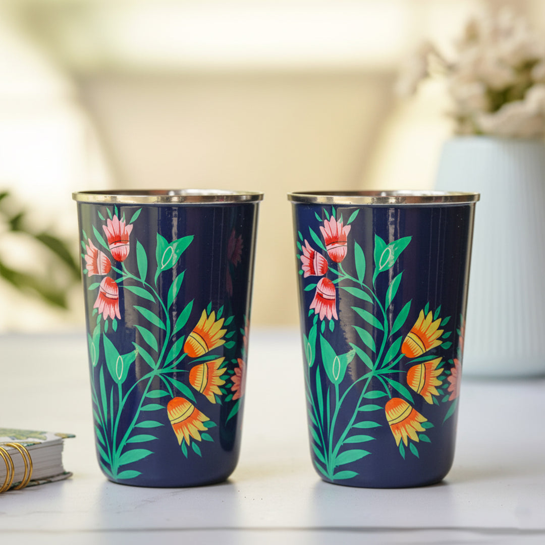 Hand-Painted Kashmiri Art Floral Stainless Steel Glass | Set Of 2
