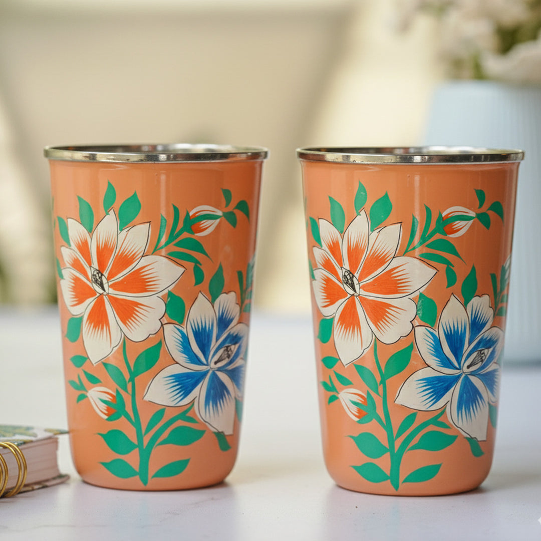 Hand-Painted Kashmiri Art Floral Stainless Steel Glass | Set Of 2