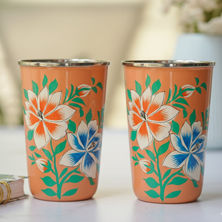 Hand-Painted Kashmiri Art Floral Stainless Steel Glass | Set Of 2