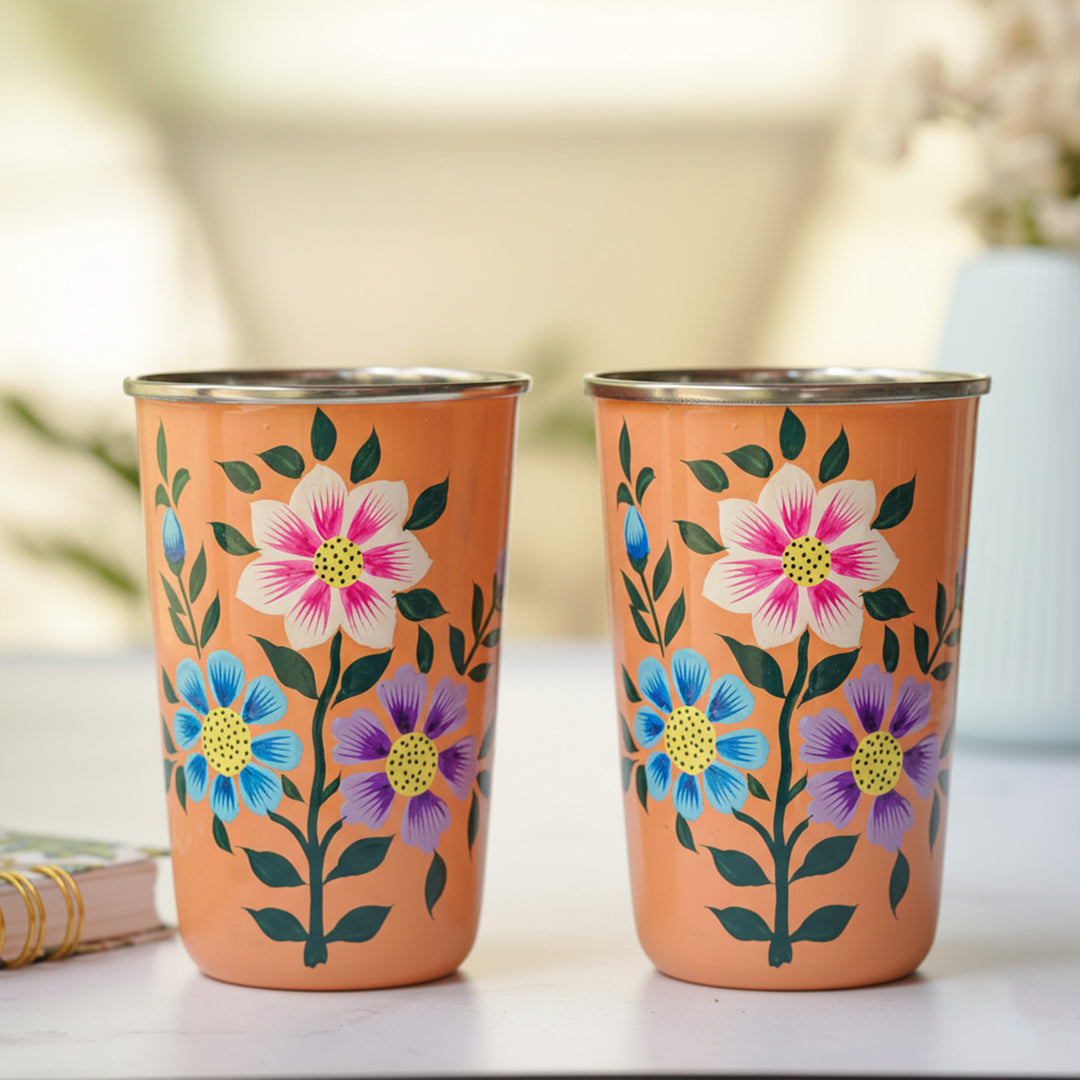 Hand-Painted Kashmiri Art Floral Stainless Steel Glass | Set Of 2