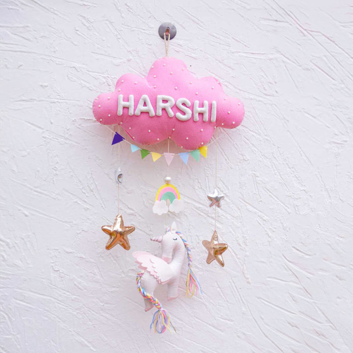 Handcrafted Personalized Cloud Theme Name Plate For Kids 1 - Hanging Front View with Personalization