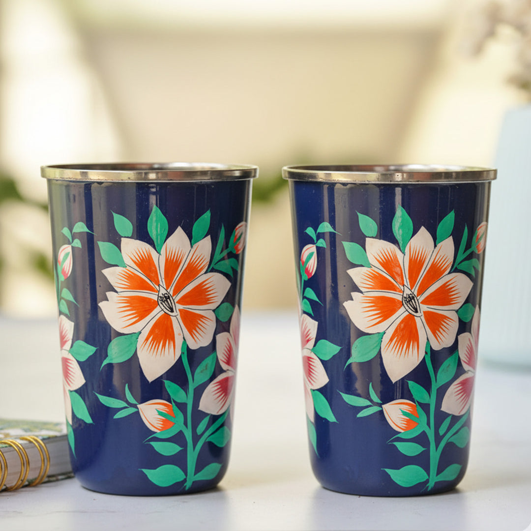 Hand-Painted Kashmiri Art Floral Stainless Steel Glass | Set Of 2