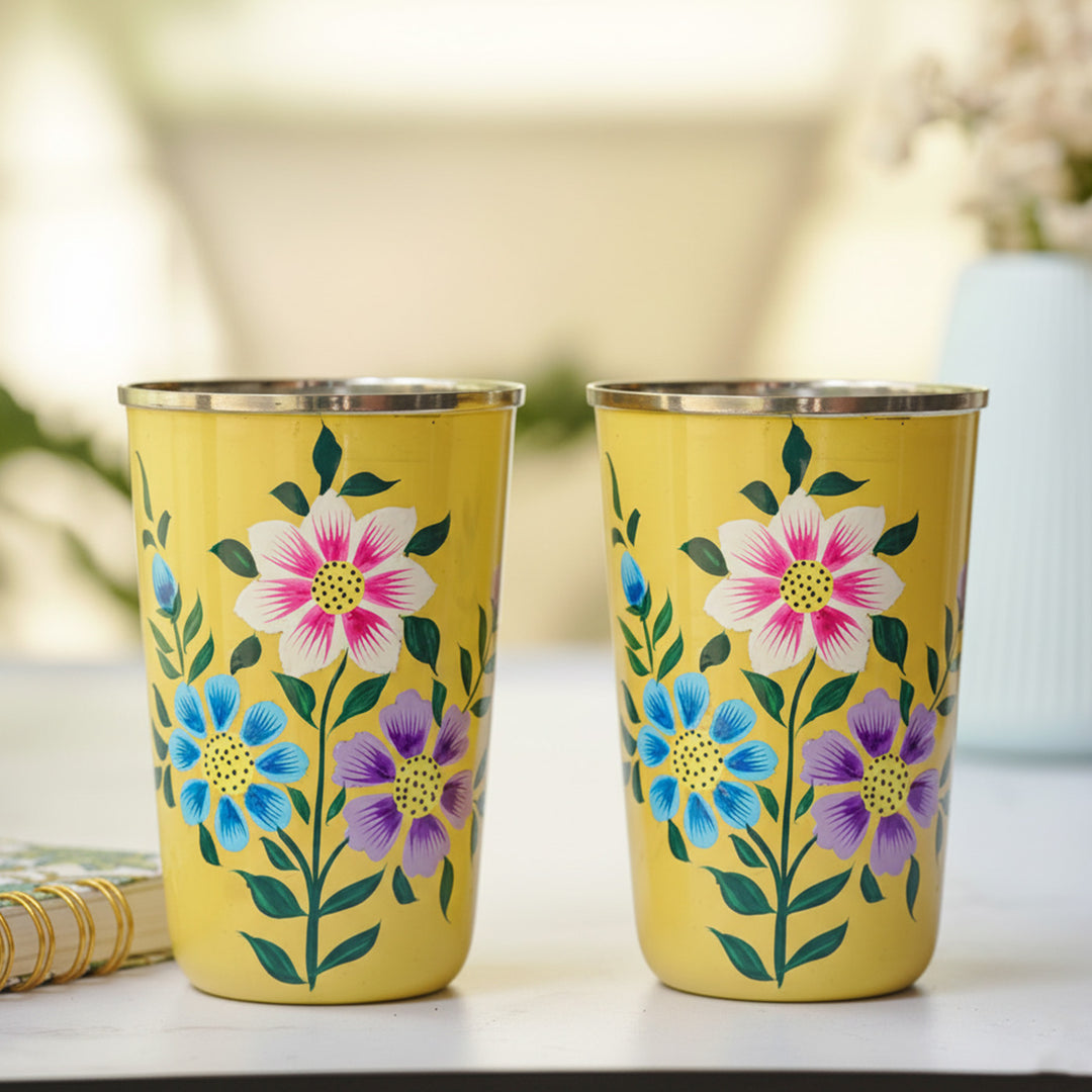 Hand-Painted Kashmiri Art Floral Stainless Steel Glass | Set Of 2