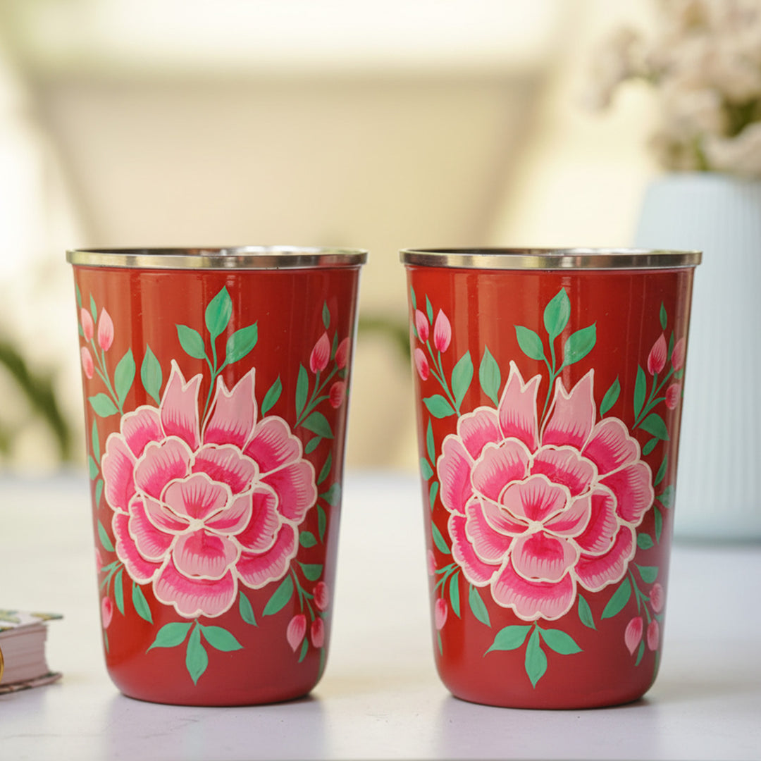 Hand-Painted Kashmiri Art Floral Stainless Steel Glass | Set Of 2