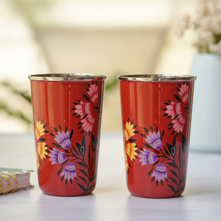 Hand-Painted Kashmiri Art Floral Stainless Steel Glass | Set Of 2
