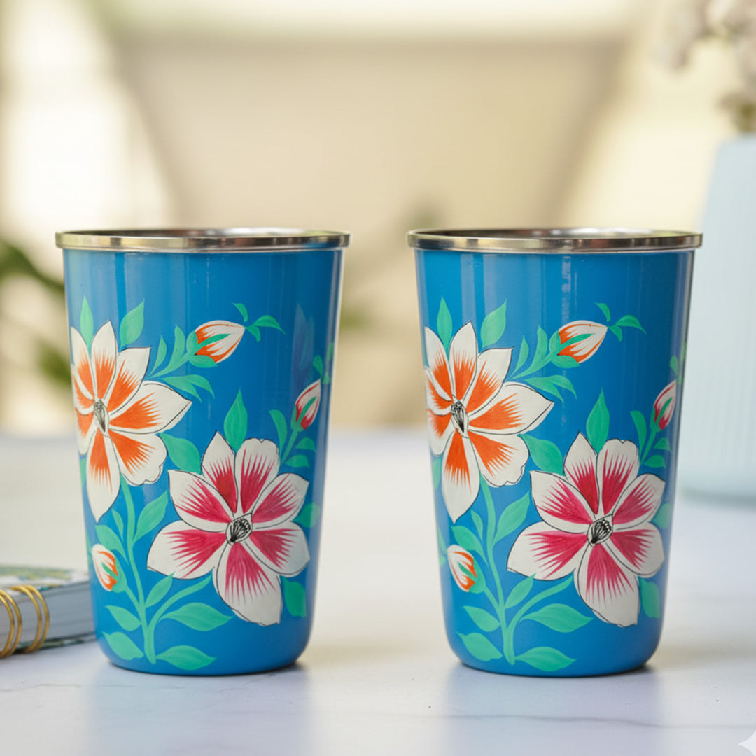 Hand-Painted Kashmiri Art Floral Stainless Steel Glass | Set Of 2