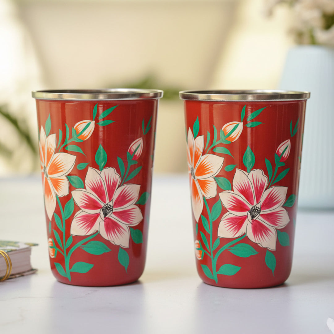Hand-Painted Kashmiri Art Floral Stainless Steel Glass | Set Of 2