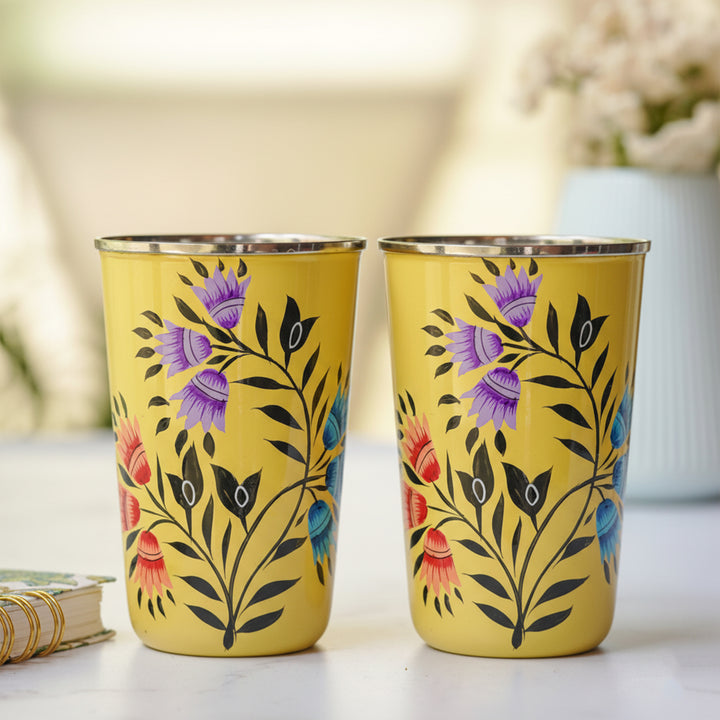 Hand-Painted Kashmiri Art Floral Stainless Steel Glass | Set Of 2