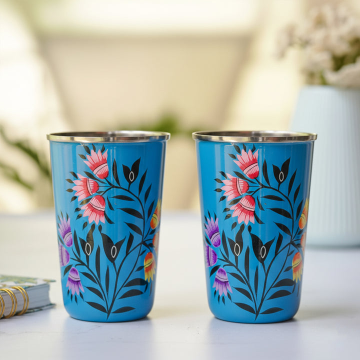Hand-Painted Kashmiri Art Floral Stainless Steel Glass | Set Of 2