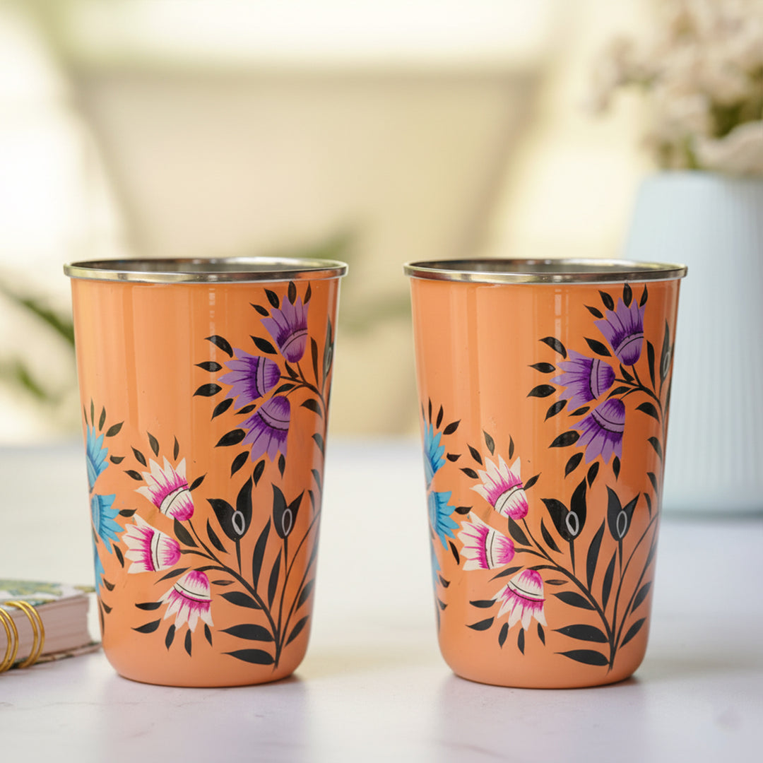 Hand-Painted Kashmiri Art Floral Stainless Steel Glass | Set Of 2
