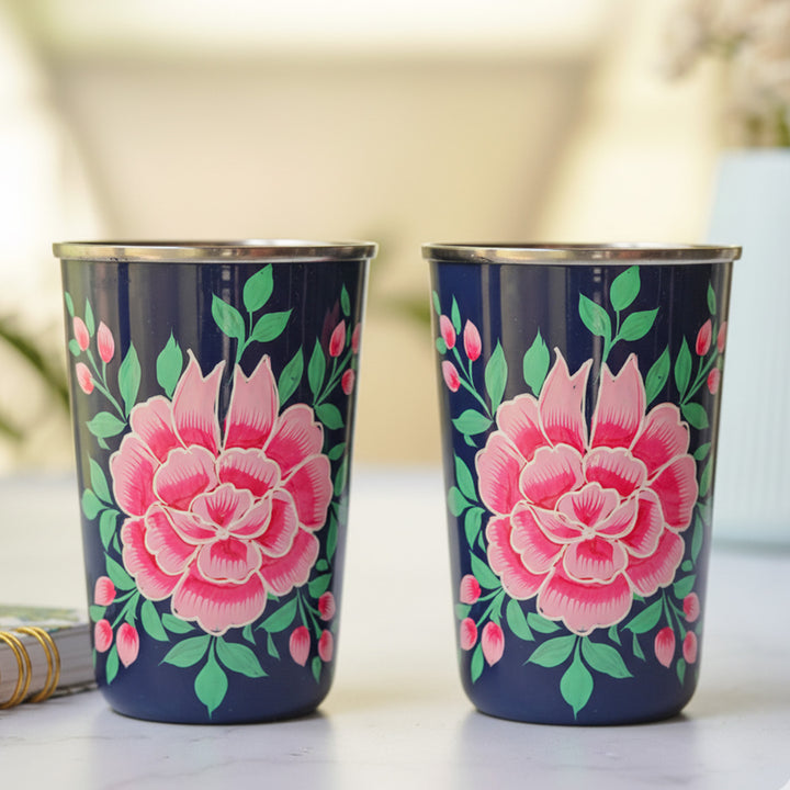 Hand-Painted Kashmiri Art Floral Stainless Steel Glass | Set Of 2