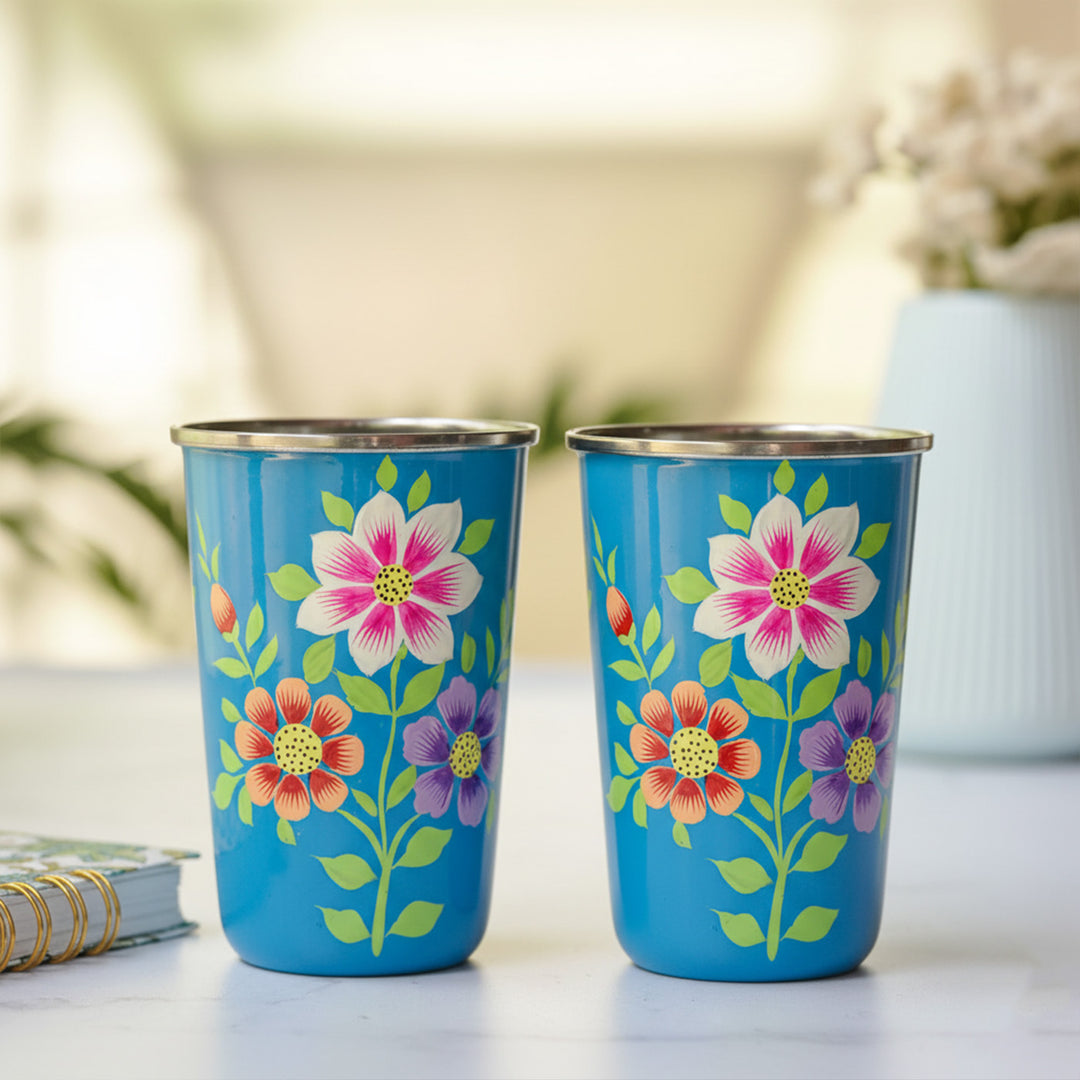 Hand-Painted Kashmiri Art Floral Stainless Steel Glass | Set Of 2