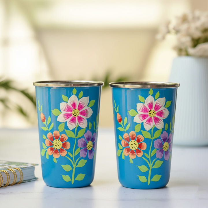 Hand-Painted Kashmiri Art Floral Stainless Steel Glass | Set Of 2