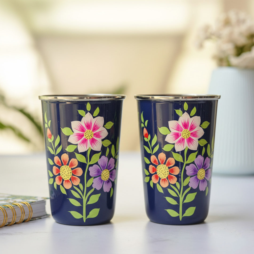 Hand-Painted Kashmiri Art Floral Stainless Steel Glass | Set Of 2