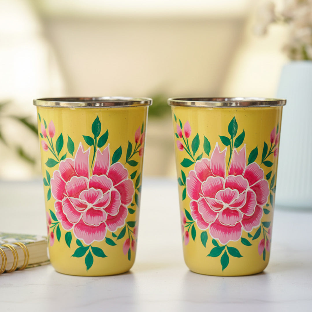 Hand-Painted Kashmiri Art Floral Stainless Steel Glass | Set Of 2