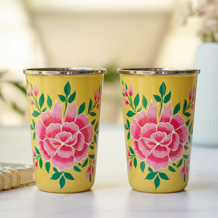 Hand-Painted Kashmiri Art Floral Stainless Steel Glass | Set Of 2