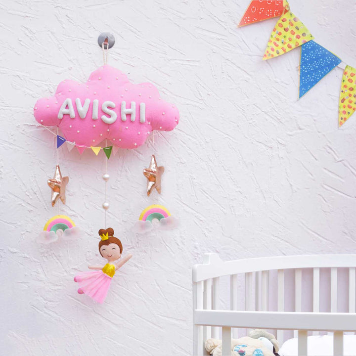 Handcrafted Personalized Dancing Doll Cloud Theme Name Plate For Kids