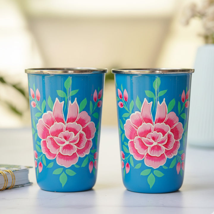 Hand-Painted Kashmiri Art Floral Stainless Steel Glass | Set Of 2