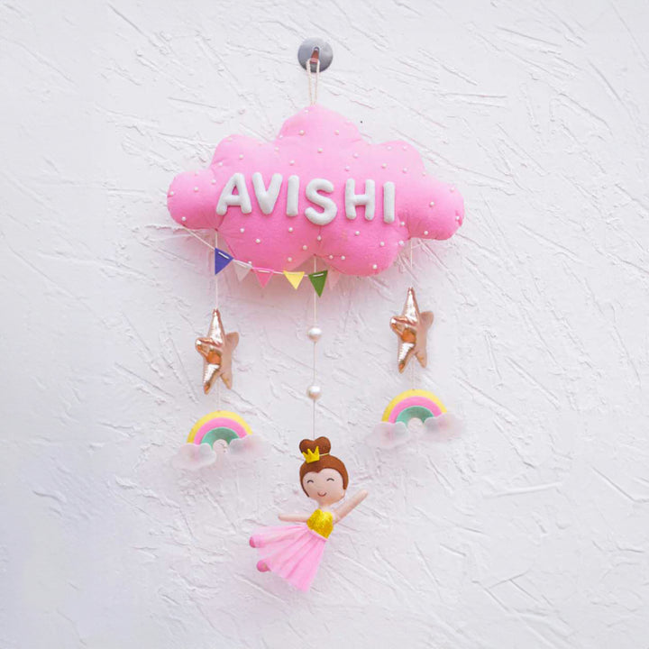 Handcrafted Personalized Dancing Doll Cloud Theme Name Plate For Kids