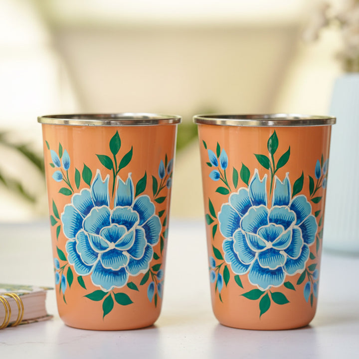 Hand-Painted Kashmiri Art Floral Stainless Steel Glass | Set Of 2