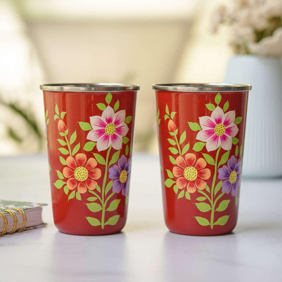 Hand-Painted Kashmiri Art Floral Stainless Steel Glass | Set Of 2