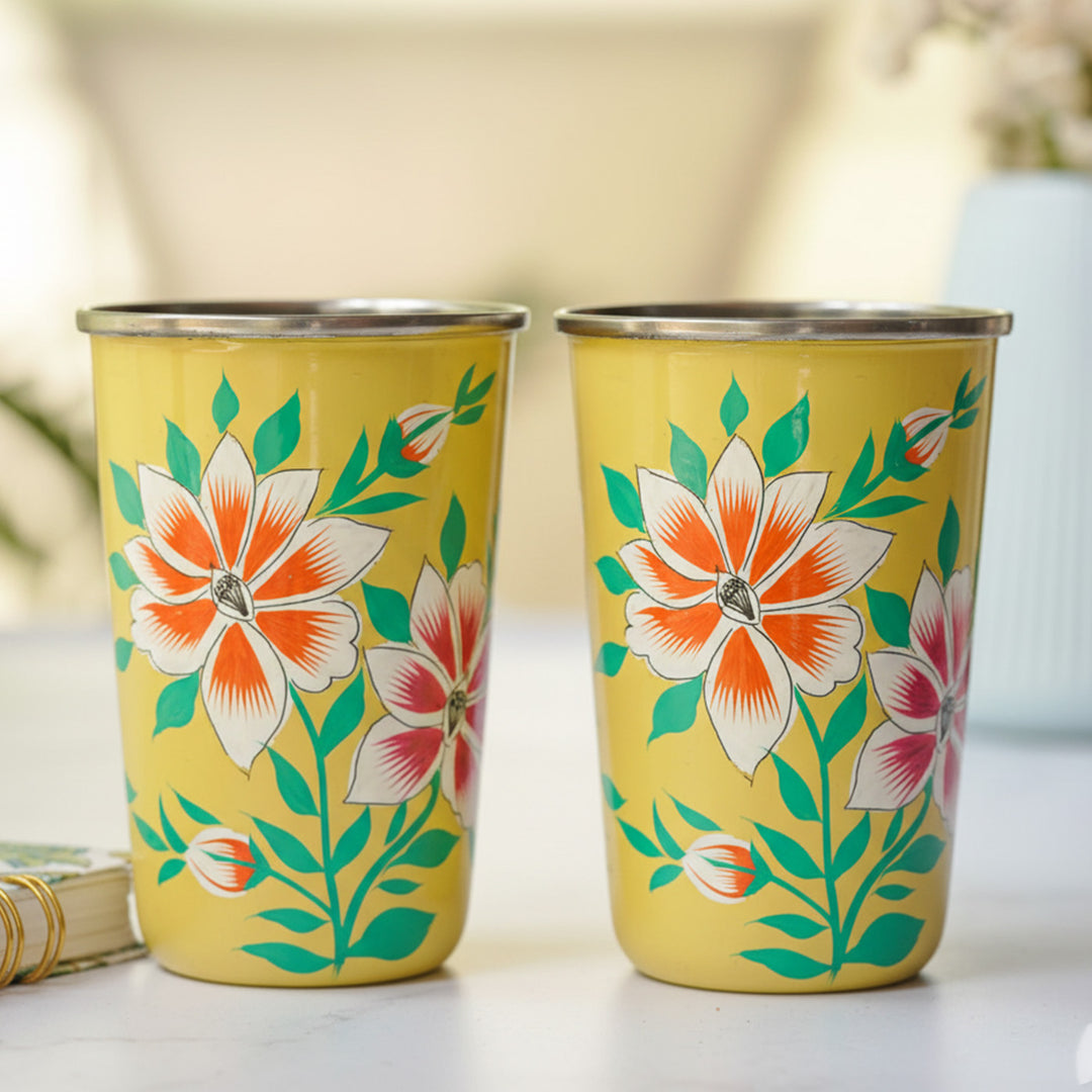 Hand-Painted Kashmiri Art Floral Stainless Steel Glass | Set Of 2