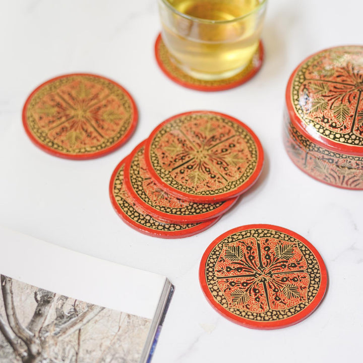 Hand-painted Red & Gold Paper Mache Coaster Set | Includes 6 Coasters, 1 Box