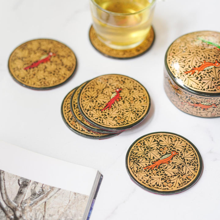 Hand-painted Bird Motif Paper Mache Coaster Set | Includes 6 Coasters, 1 Box
