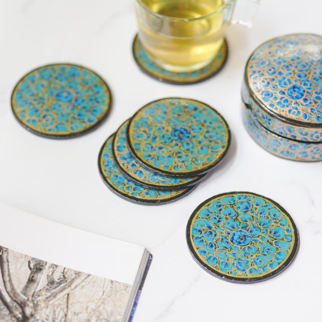 Hand-painted Blue & Gold Paper Mache Coaster Set | Includes 6 Coasters, 1 Box