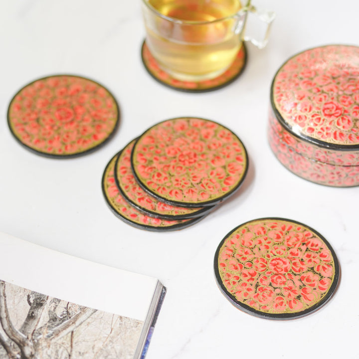 Hand-painted Red Paper Mache Coaster Set | Includes 6 Coasters, 1 Box