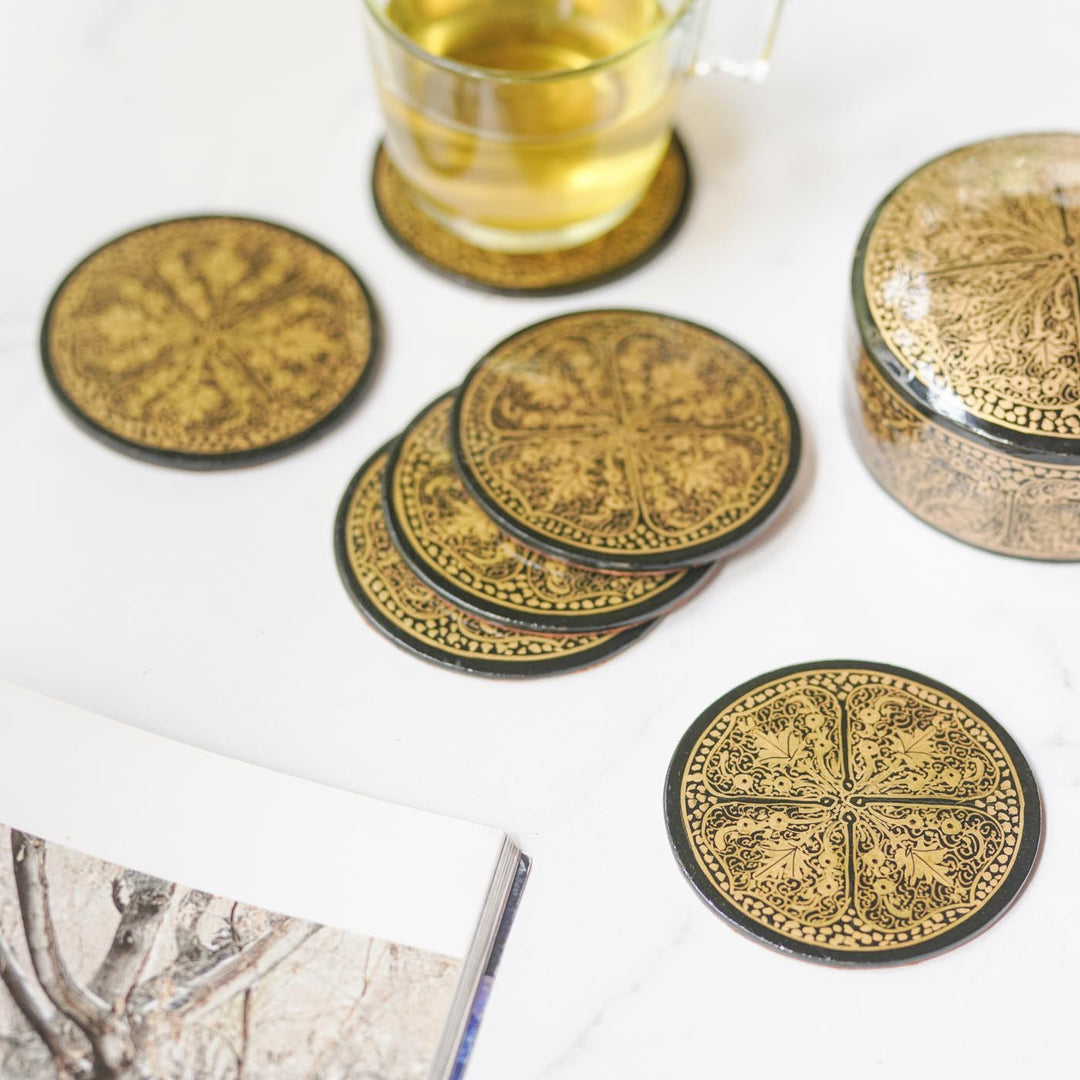 Hand-painted Black & Gold Paper Mache Coaster Set | Includes 6 Coasters, 1 Box
