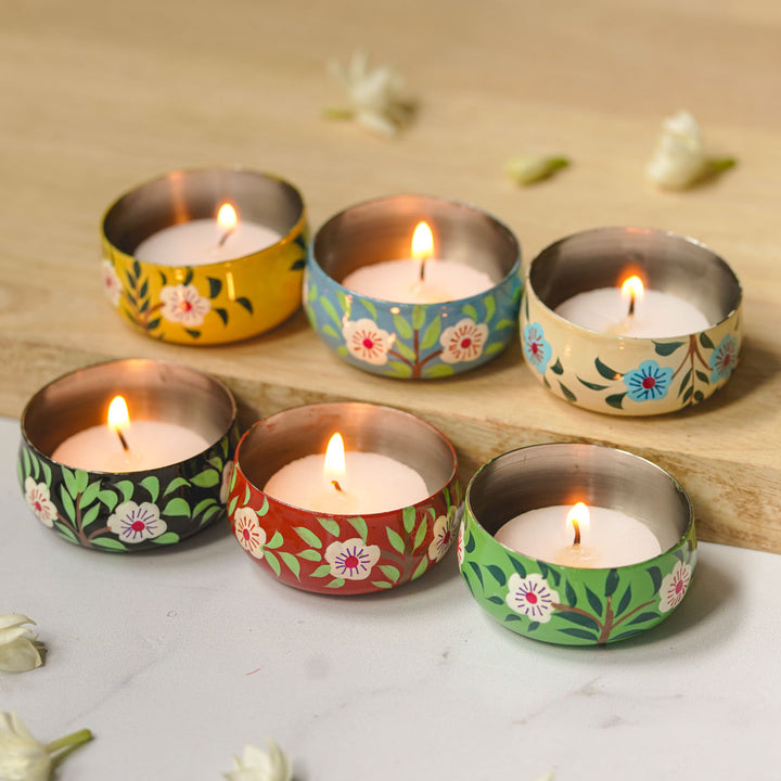 Hand-Painted Floral Stainless Steel Tealight Holders | Set Of 6
