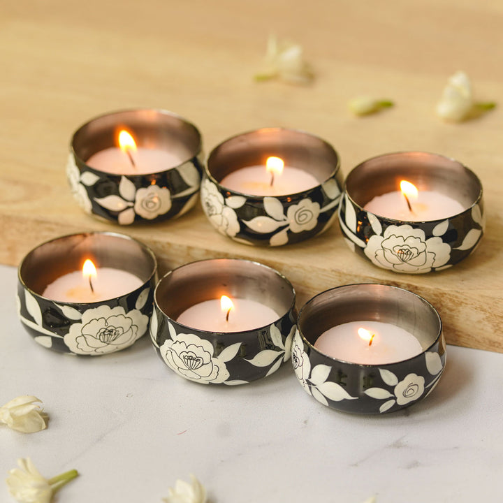 Hand-Painted Black Floral Stainless Steel Tealight Holders | Set Of 6
