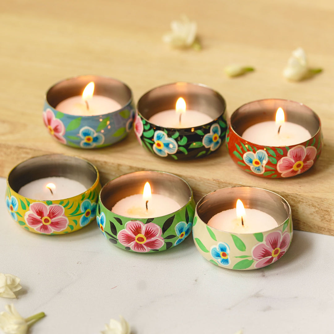 Hand-Painted Flowers & Leaves Stainless Steel Tealight Holders | Set Of 6