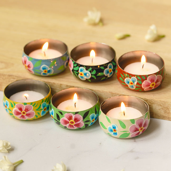 Hand-Painted Flowers & Leaves Stainless Steel Tealight Holders | Set Of 6