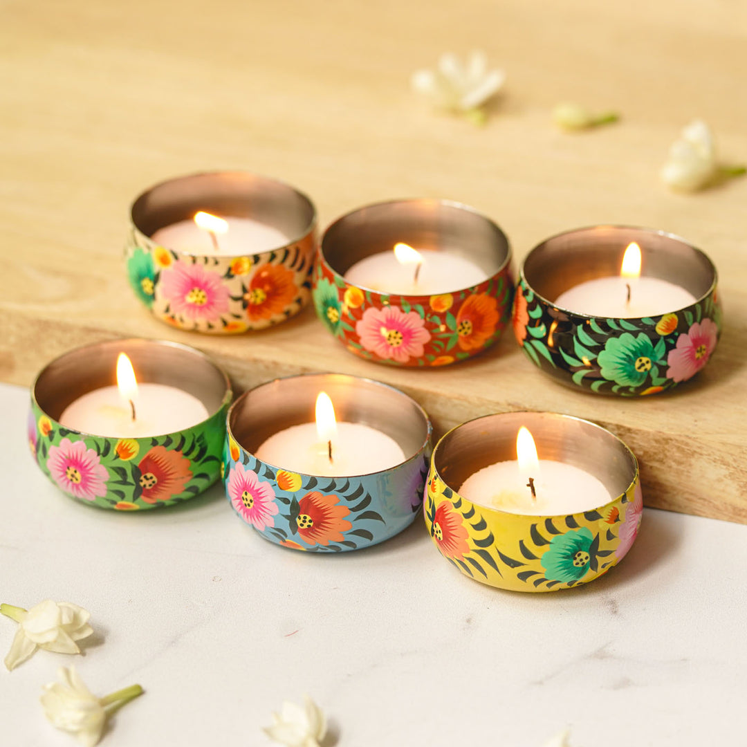 Hand-Painted Multicolor Floral Stainless Steel Tealight Holders | Set Of 6