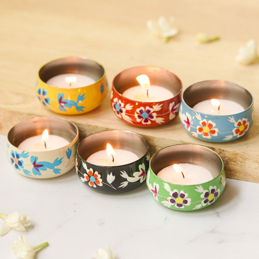 Hand-Painted Floral Stainless Steel Tealight Holders | Set Of 6