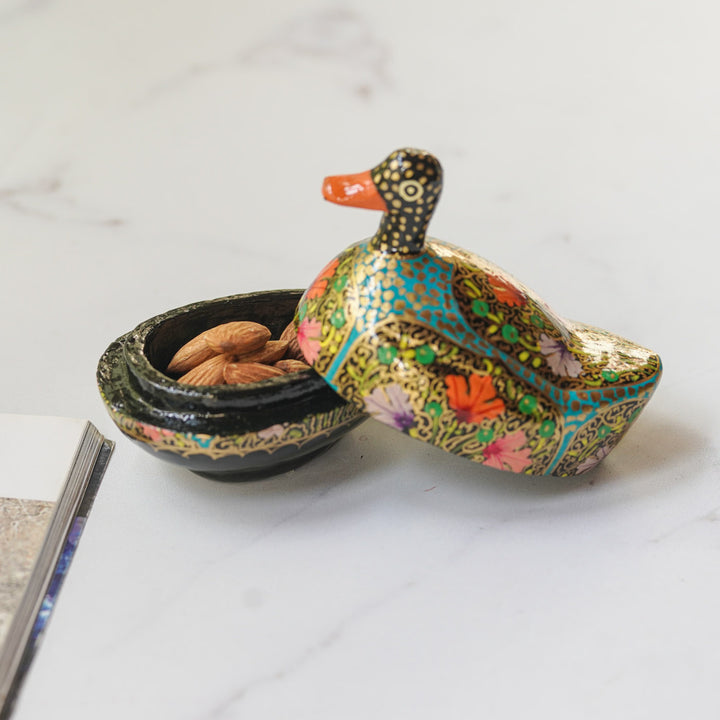 Hand-Painted Multicolor Kashmiri Paper Mache Duck Trinket Box
