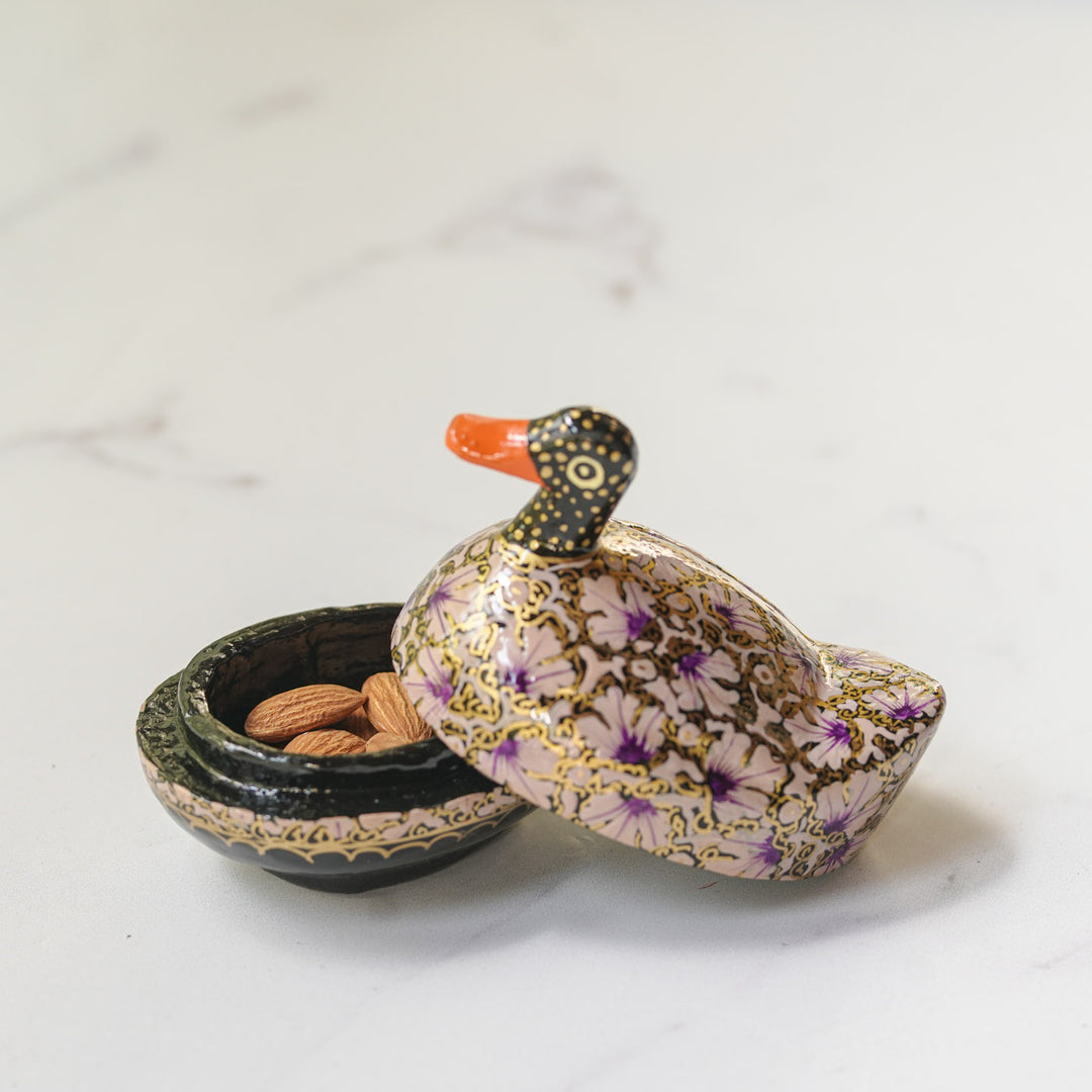 Hand-Painted Lavendar Kashmiri Paper Mache Duck Trinket Box